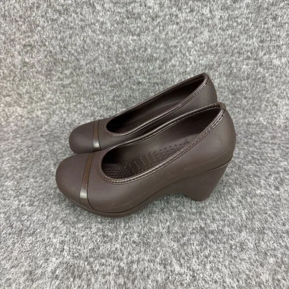 ✅Womens 7W Crocs Lena Cap Toe Wedge Brown Slip-On Heel Pumps Casual Comfort Shoe - Picture 6 of 11